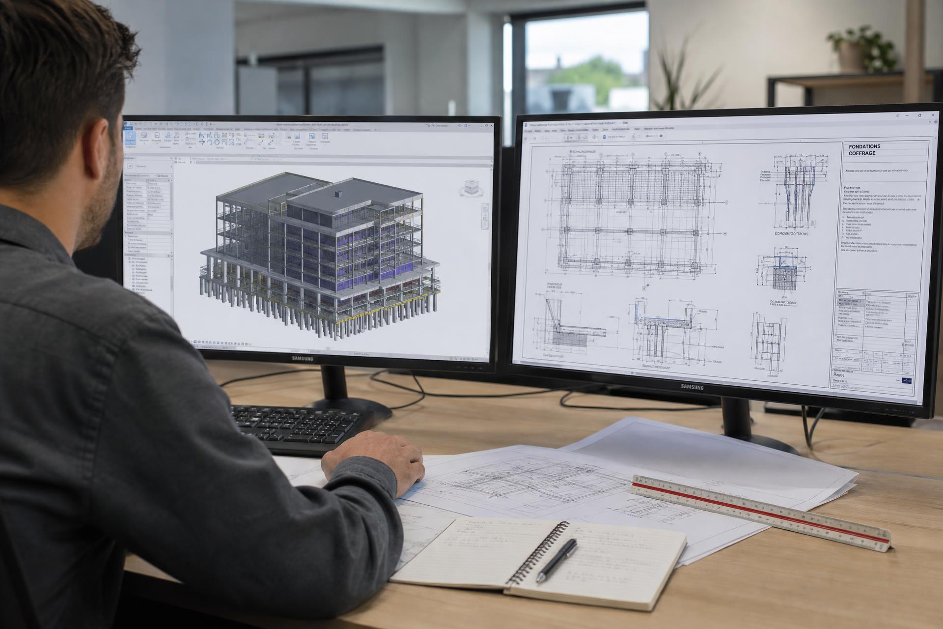 Technische Ausführungszeichnung und BIM-Modell am Planungsarbeitsplatz